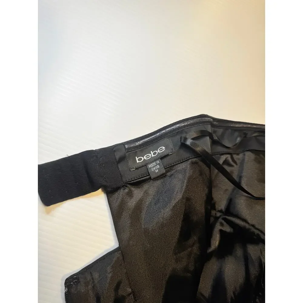 bebe Strapless Black Satin Lace Sheath Dress Women’s Medium Bodycon Bombshell - Picture 3 of 16